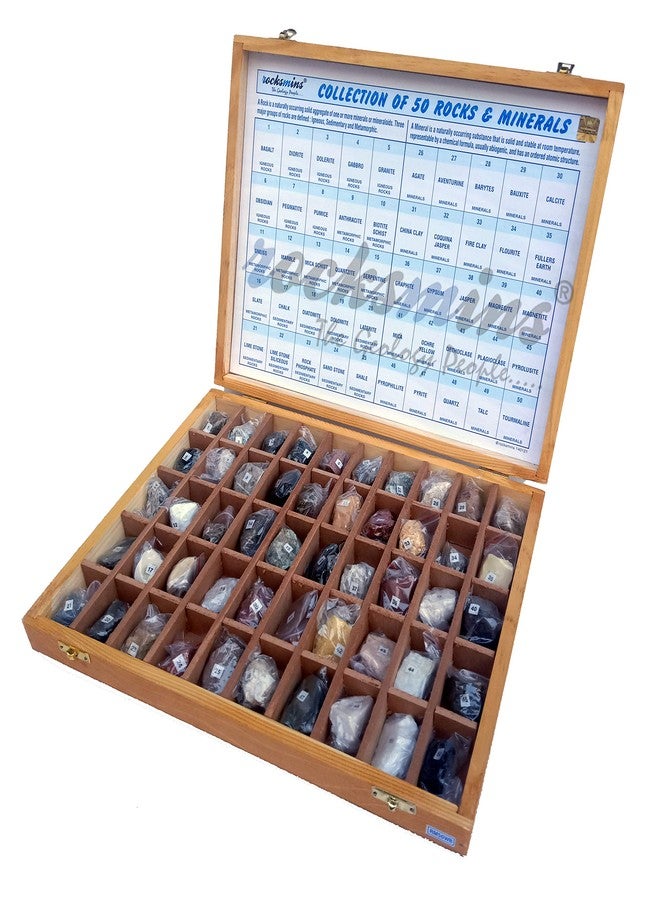 Rocksmins Collection of 50 Large Rocks & Minerals Specimen Activity Kit with 11 Accessories 1 Instruction Manual Crossword/Worksheet in Wooden Box for Students of School College Education Rock Mineral - Image 2
